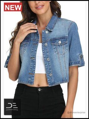 Cropped Denim Jacket Short Sleeve Casual Classic Jean Jacket Women